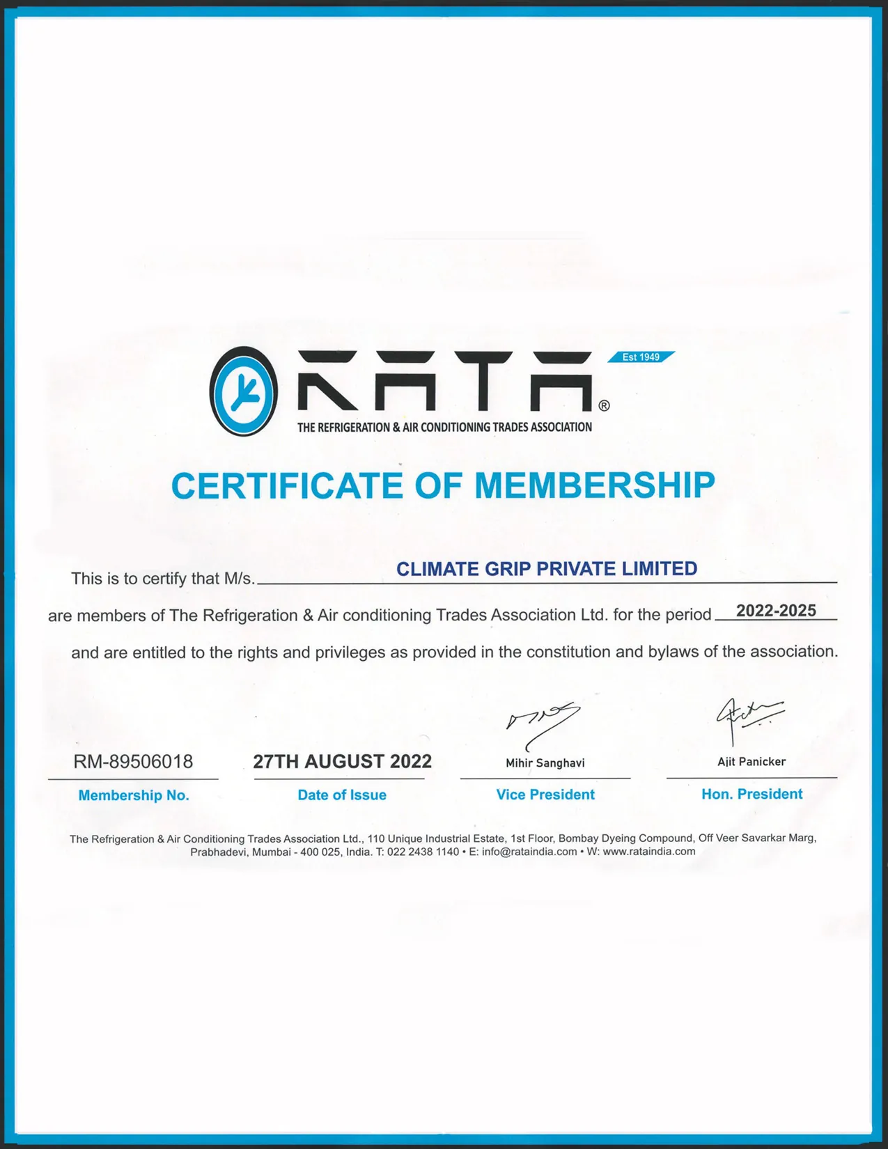 Climate Grip industry membership certificate