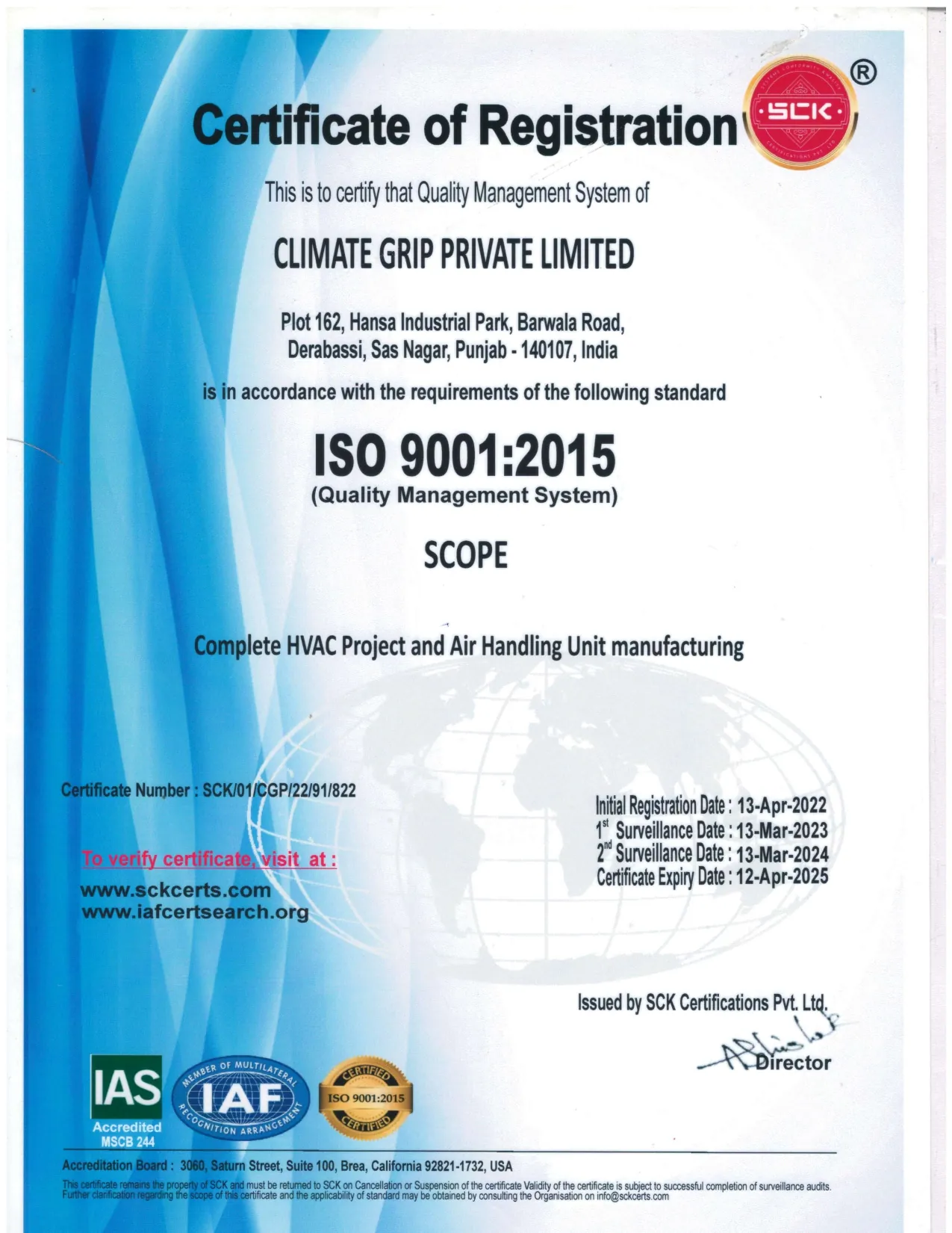 Climate Grip ISO 9001 quality management certification